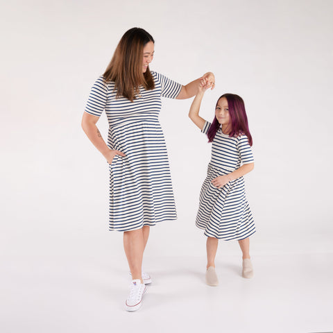 Baby/kid’s/youth Daphne Dress | Navy Stripe Girl’s Bamboo/cotton 6